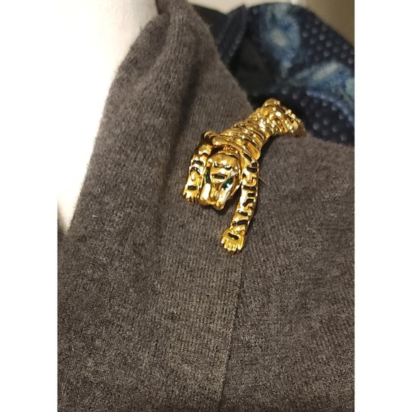 Vtg Gold-tone Articulated Tiger Brooch Green Eyes Black Enamel Stripes - Picture 6 of 11